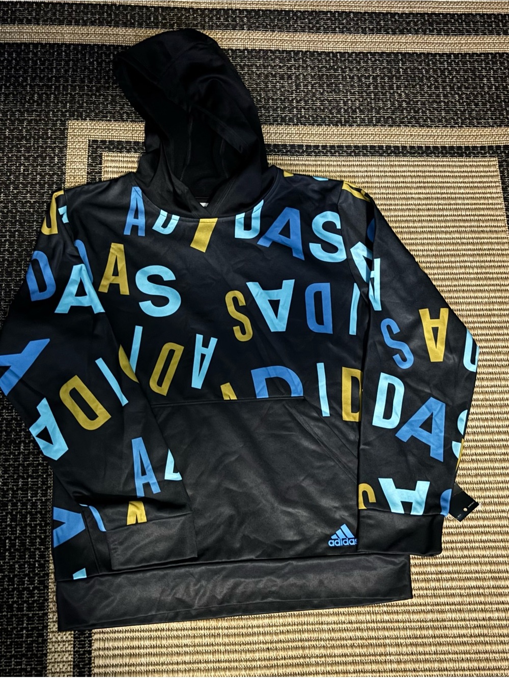 Adidas Kids Black Hoodie with Blue & Yellow Logo Print